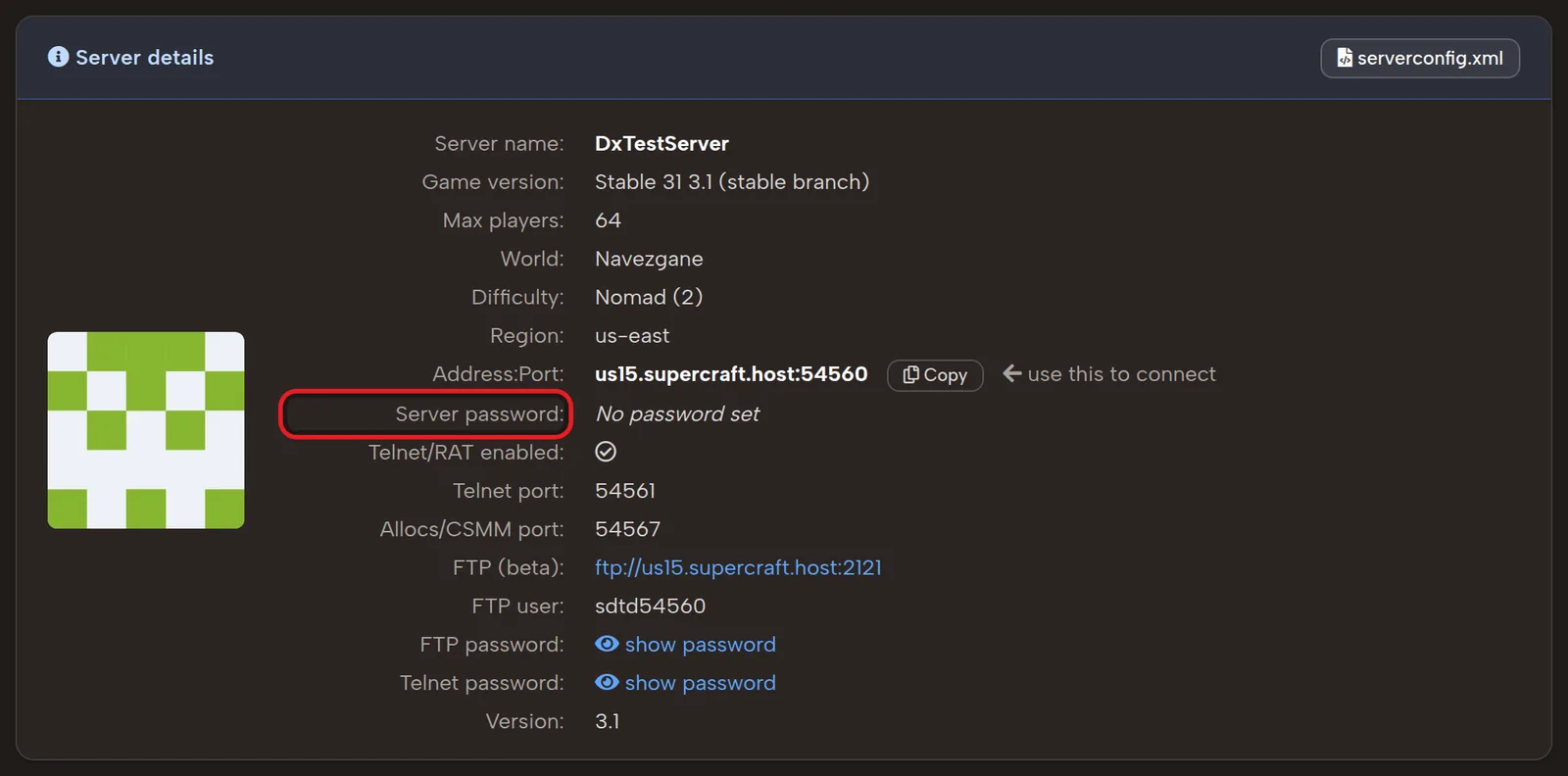 7 Days to Die server password in the server details