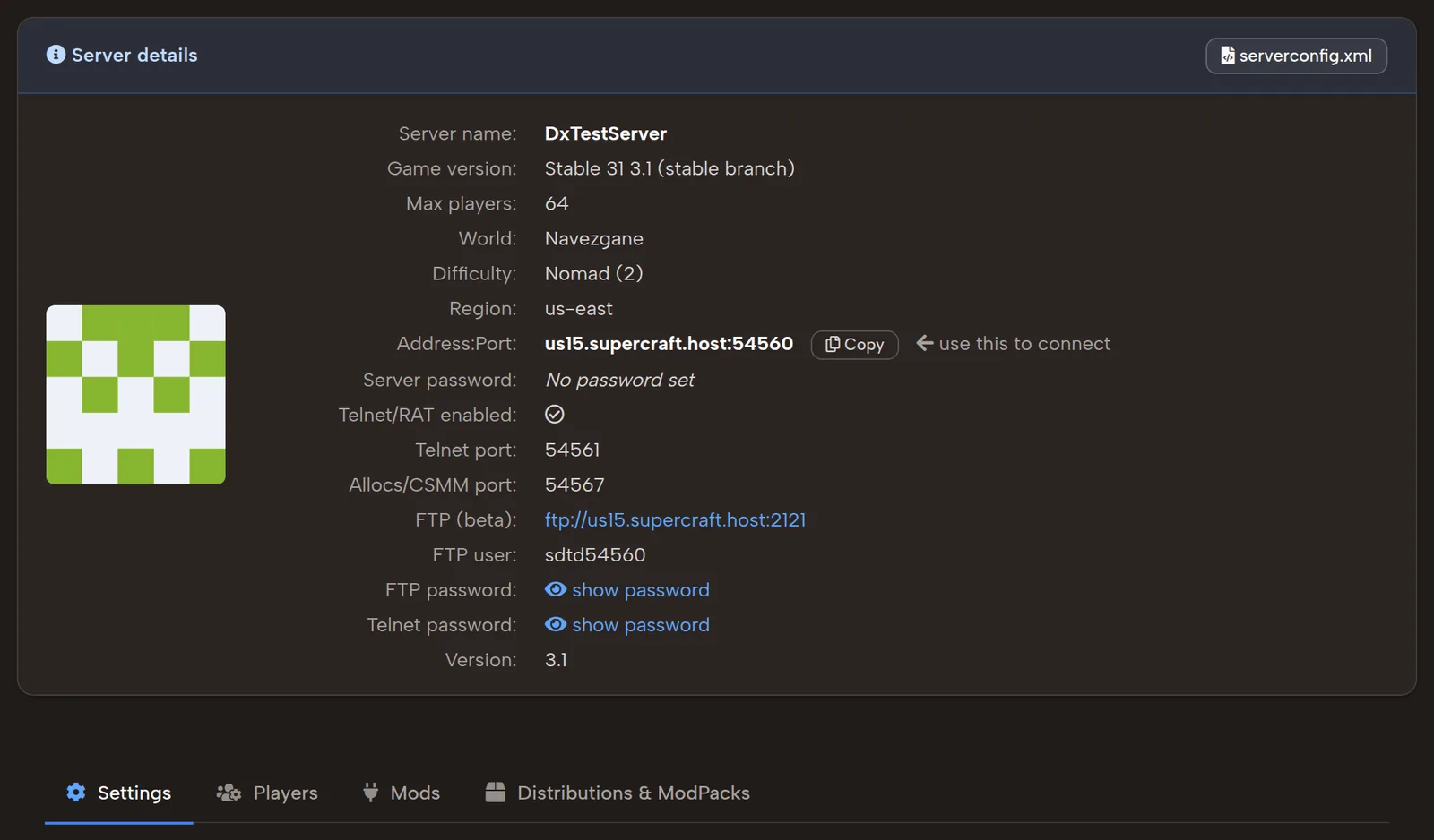 7 Days to Die dedicated server configuration: server details, IP, ports and settings tabs