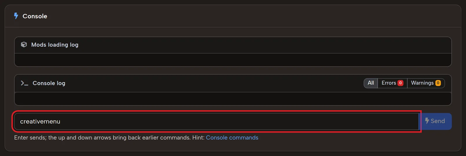 7 Days to Die creative mode command cm (creativemenu) in the server console