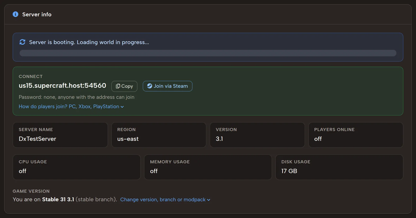 7 Days to Die server status while the dedicated server loads the world