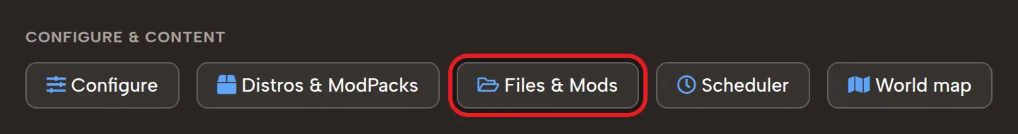 Files and Mods button to add 7 Days to Die server mods