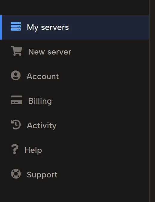 7D2D server manager menu with My servers, New server, Account and Billing