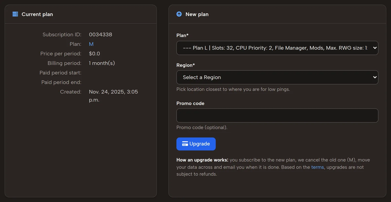 Upgrade a 7D2D server plan: current plan and new plan