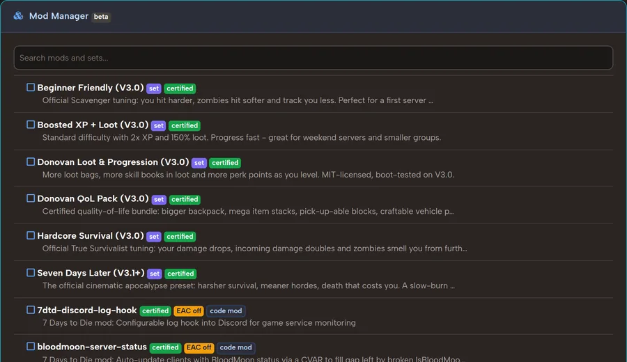 7D2D Admin Panel for Darkness Falls ModPack Server Hosting