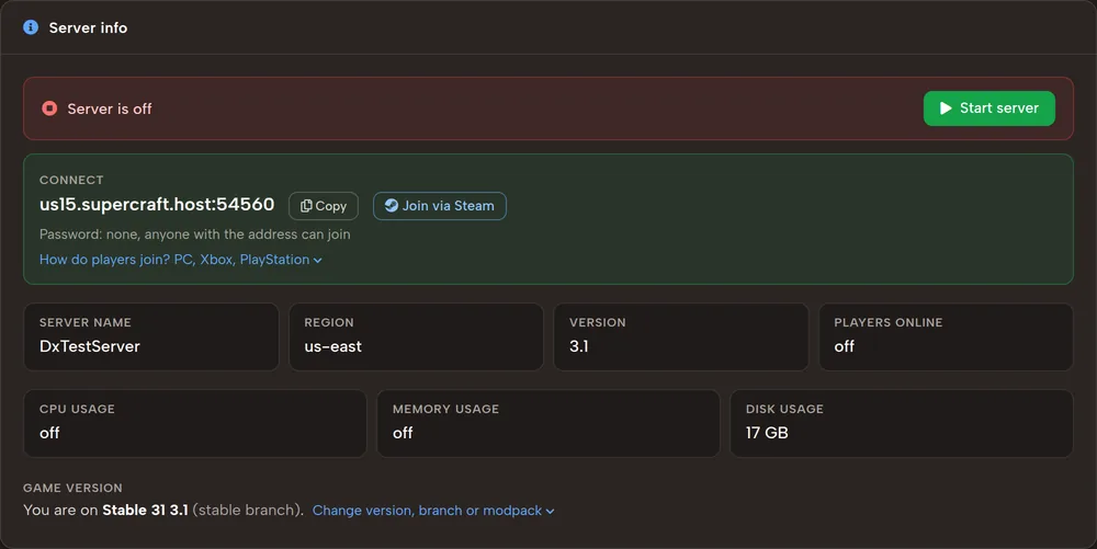 View 7DTD dedicated server details, connection parameters, and player status in control panel