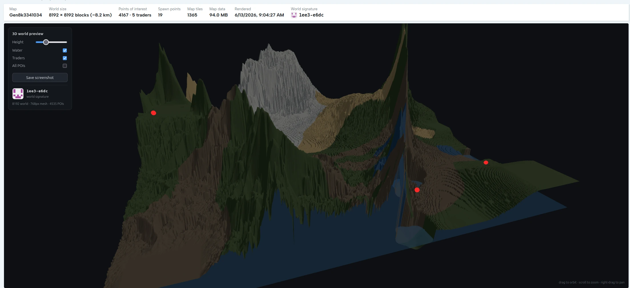xegen 3D voxel terrain preview of a generated 7 Days to Die world