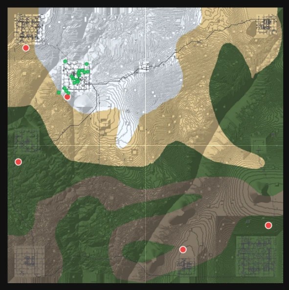 xegen biome and contour close-up with trader markers and town layouts