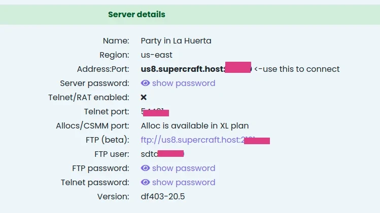FTP host, username, password, and port shown in the Supercraft dashboard